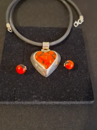 Conjunto Plata Ley 925 Corazón Rojo