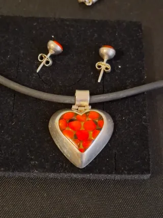 Conjunto Plata Ley 925 Corazón Rojo