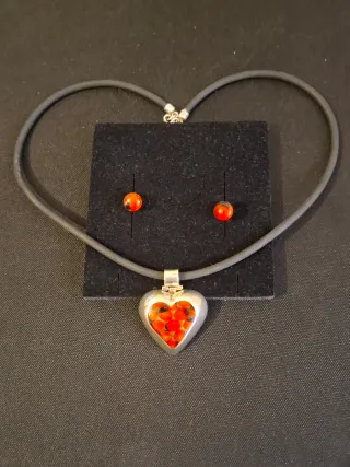 Conjunto Plata Ley 925 Corazón Rojo