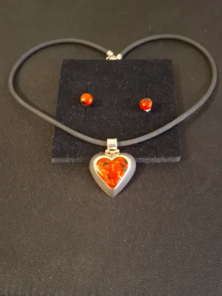 Conjunto Plata Ley 925 Corazón Rojo