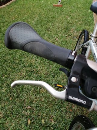 Bicicleta de montaña plateada. Con accesorios