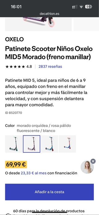 Patinete infantil Oxelo morado/rosa