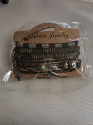 Set 3 Pulseras Cuero Estilo Boho Pluma Turquesa