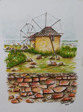 Pintura original aguarela moinhos