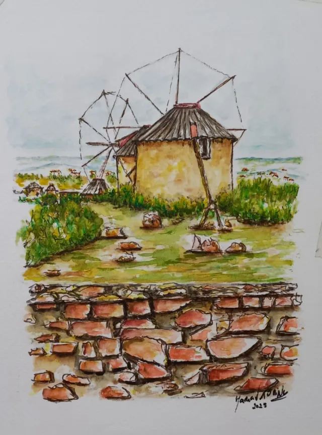Pintura original aguarela moinhos