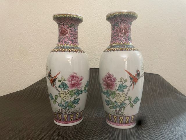 Pareja Jarrones  Chinos Porcelana Flores Pájaros