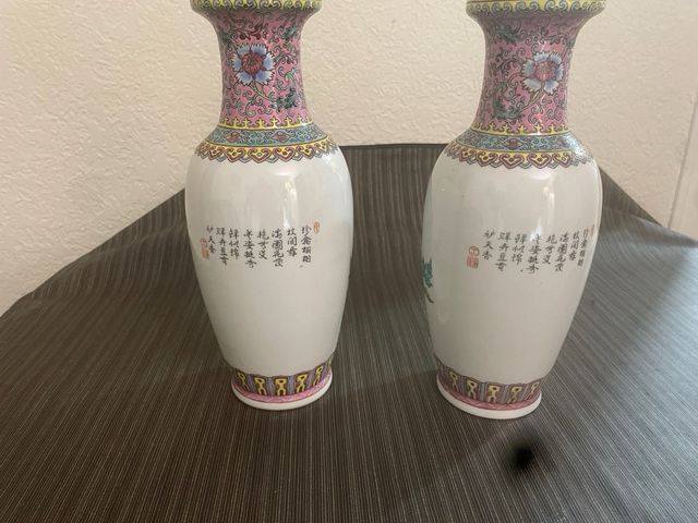 Pareja Jarrones  Chinos Porcelana Flores Pájaros
