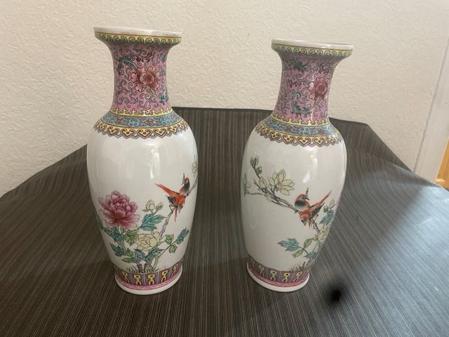 Pareja Jarrones  Chinos Porcelana Flores Pájaros