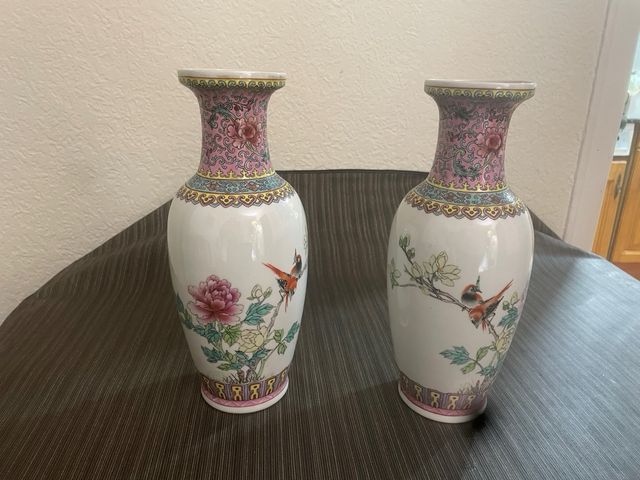 Pareja Jarrones  Chinos Porcelana Flores Pájaros