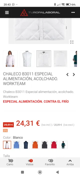 Chaleco Acolchado Trabajo Alimentación T L
