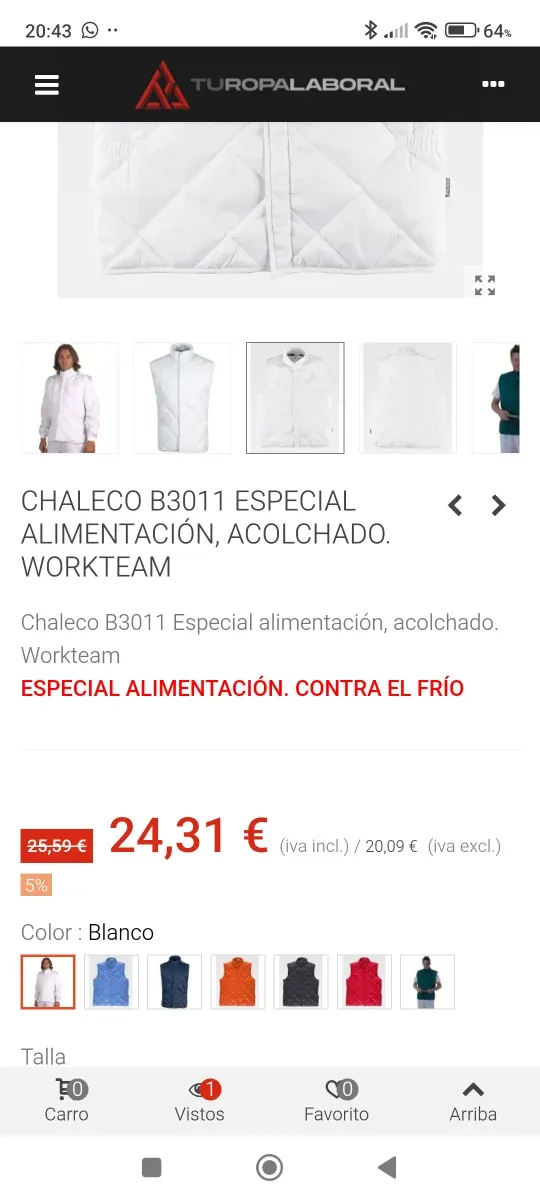 Chaleco Acolchado Trabajo Alimentación T L