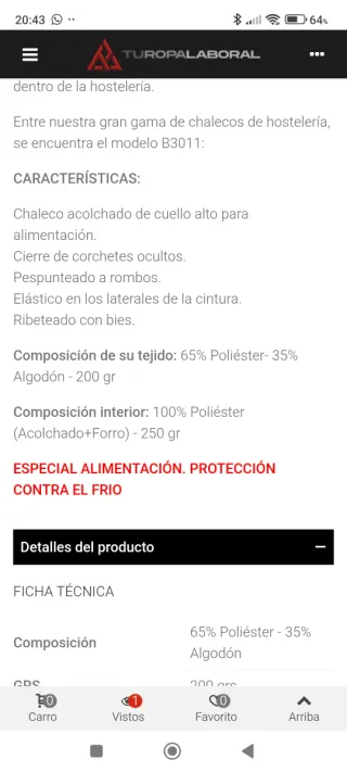 Chaleco Acolchado Trabajo Alimentación T L