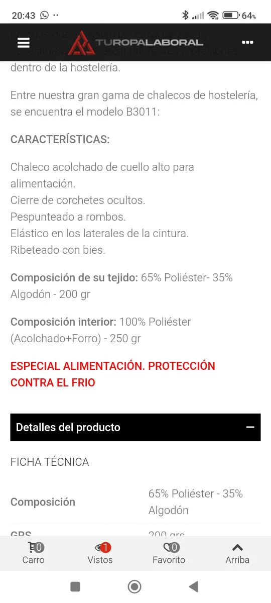 Chaleco Acolchado Trabajo Alimentación T L