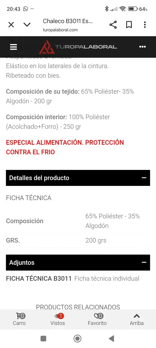 Chaleco Acolchado Trabajo Alimentación T L