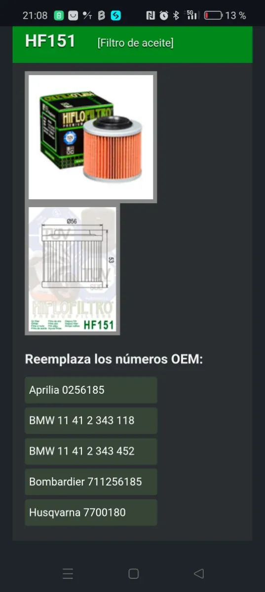 Filtro de aceite HiFloFiltro HF151 Aprilia. BMW...