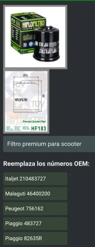 2 Filtros Aceite HiFlo HF183 Scooter Piaggio
