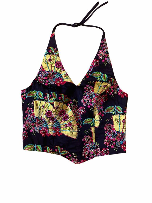 Corsetto halter in seta nera con ricamo