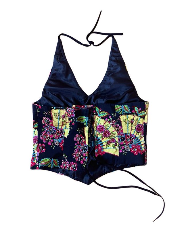 Corsetto halter in seta nera con ricamo