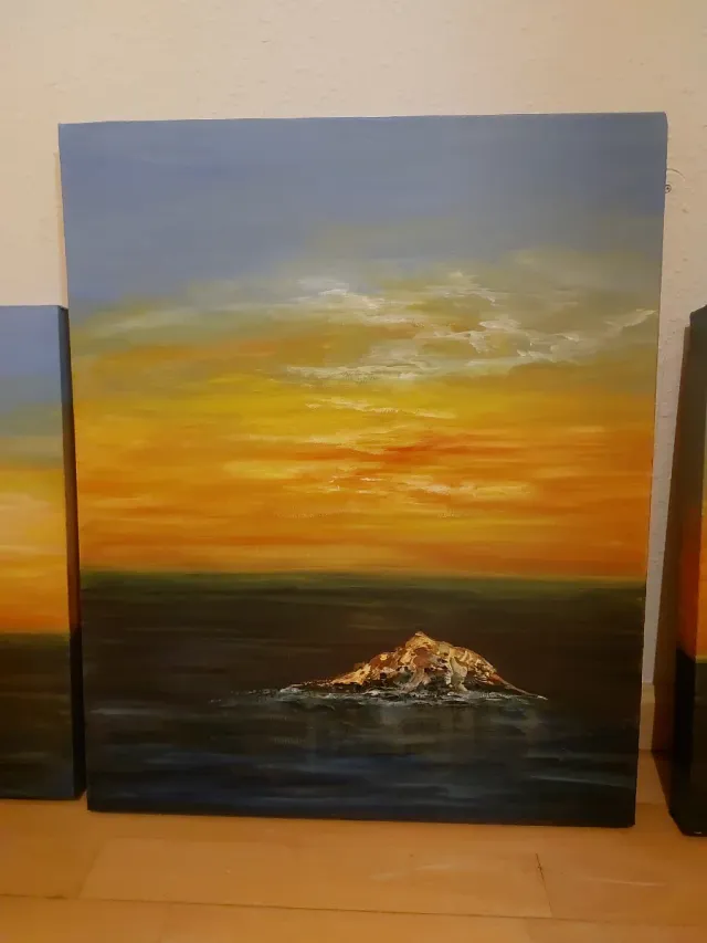 3 Cuadros Óleo atardecer en las Rias Baixas.