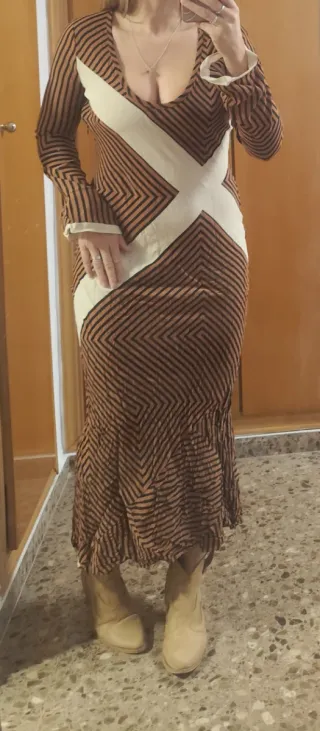 Vestido Zara XS Marrón y Blanco Geométrico