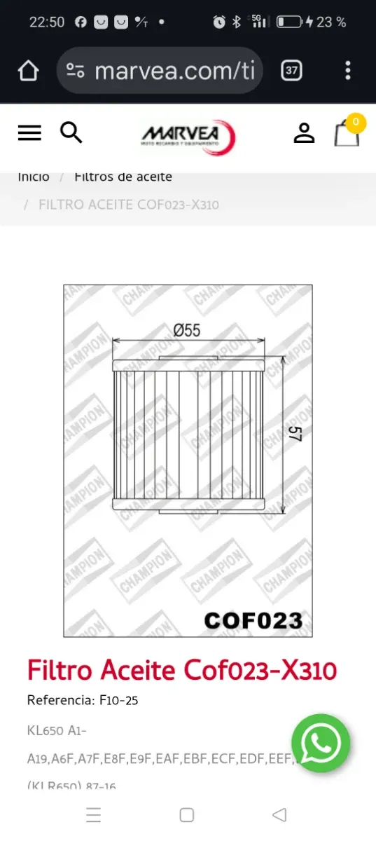 2 filtro aceite Campion X310 COF023. KAWASAKI