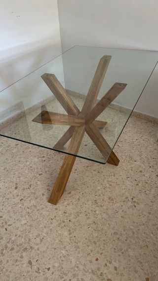 Mesa comedor cristal patas madera