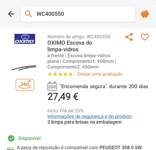 Oximo WC400550 Escovas Limpa Vidros Peugeot 308