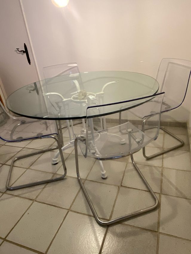 Mesa redonda cristal 125 cm y sillas