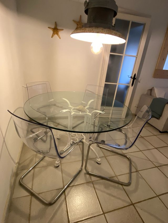 Mesa redonda cristal 125 cm y sillas