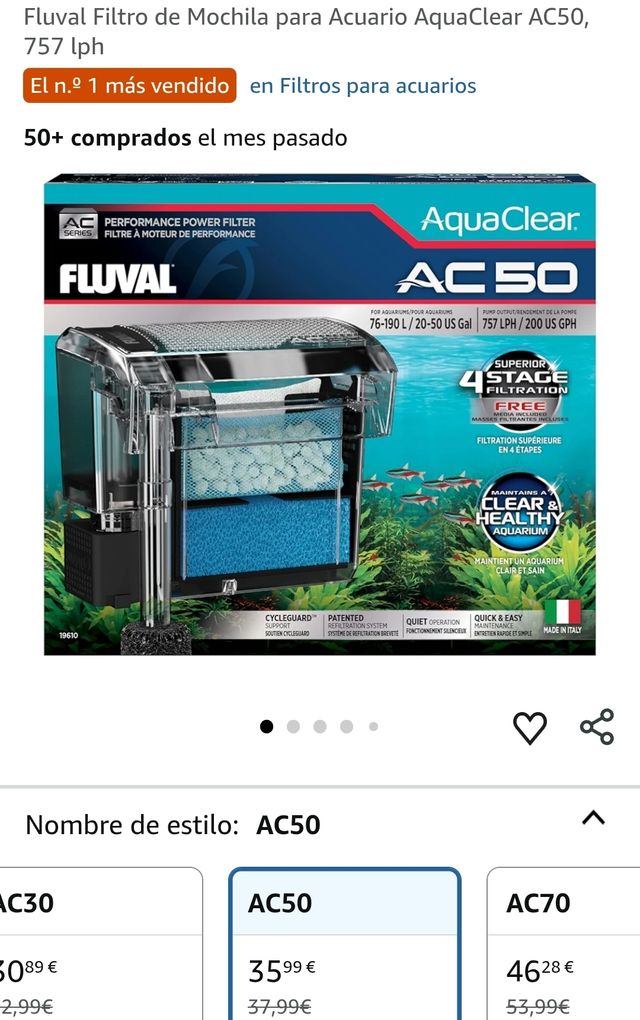 Filtro a zaino Fluval AquaClear AC50 per acquario, 757 lph
