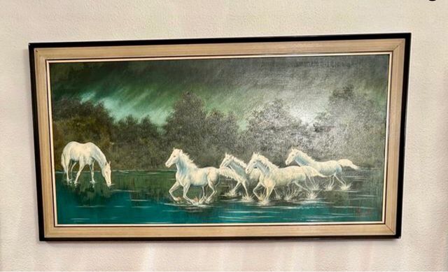 CUADRO GRANDE CABALLOS BLANCOS PINTURA ANTIGUA