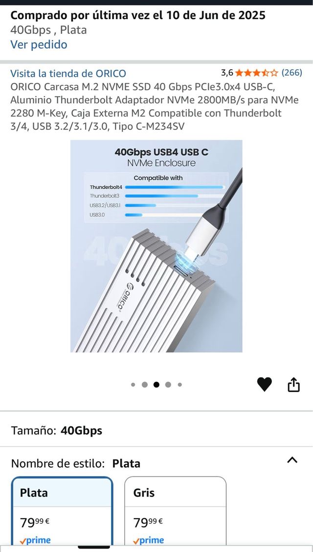 Carcasa ORICO M.2 NVMe 40Gbps Plata