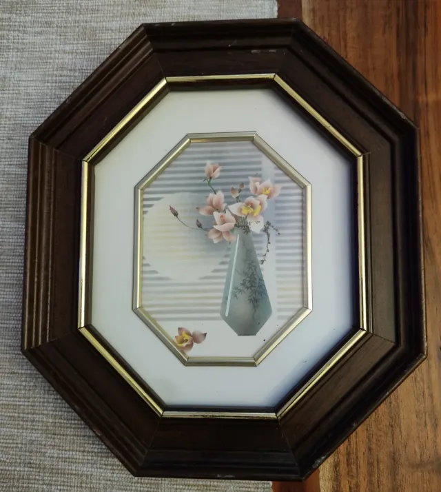 Cuadro Octogonal Flores Marrón Dorado