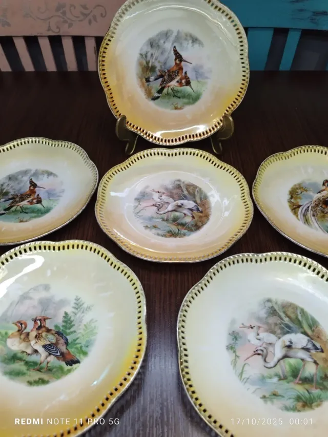 6 Pratos de Sobremesa Vintage Pássaros em Porcelana