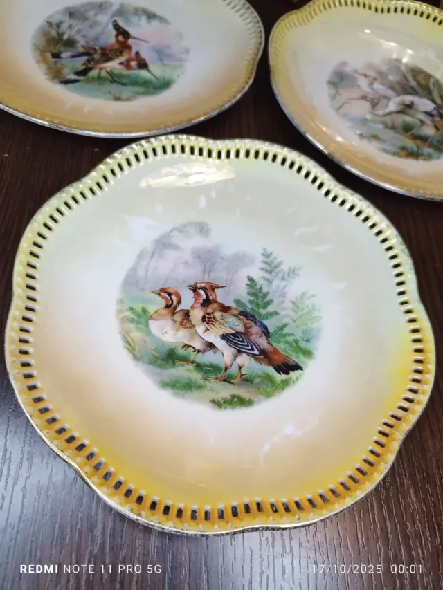 6 Pratos de Sobremesa Vintage Pássaros em Porcelana