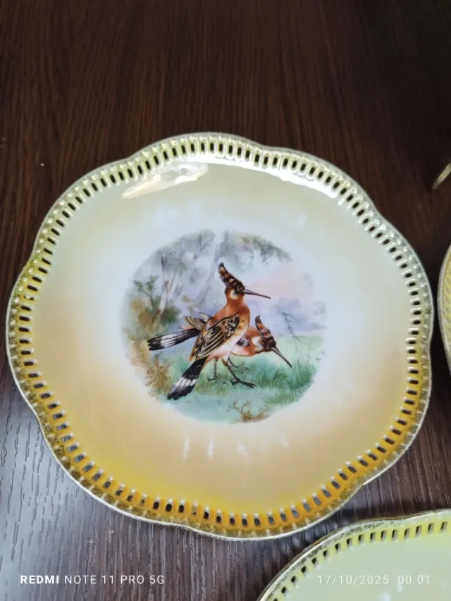 6 Pratos de Sobremesa Vintage Pássaros em Porcelana