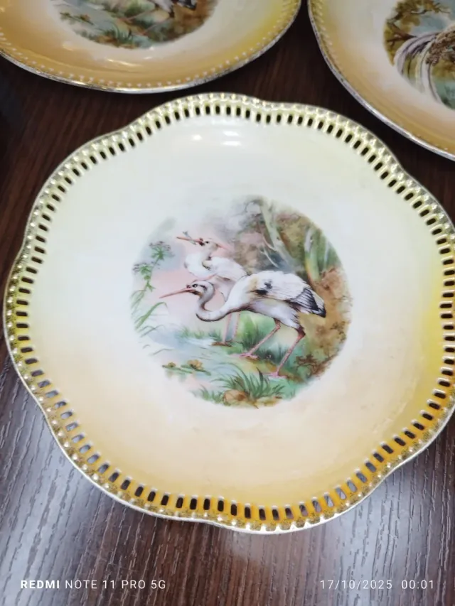 6 Pratos de Sobremesa Vintage Pássaros em Porcelana