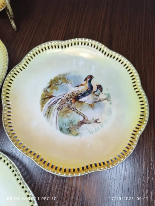 6 Pratos de Sobremesa Vintage Pássaros em Porcelana
