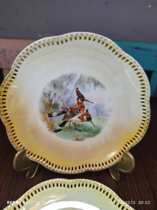 6 Pratos de Sobremesa Vintage Pássaros em Porcelana