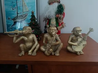 3 Estátuas Macacos Músicos Metal Dourado