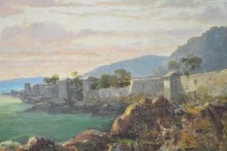 Antico dipinto olio su tela - scorcio marino '800