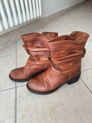 vintage leather buckle block heel ankle boots