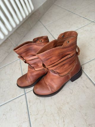 vintage leather buckle block heel ankle boots