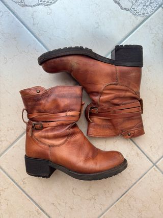 vintage leather buckle block heel ankle boots