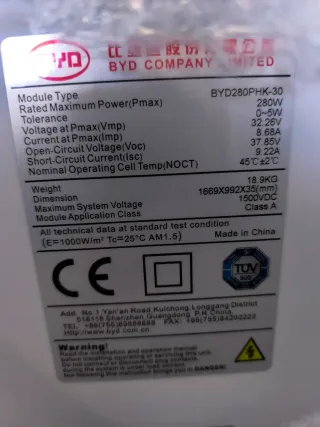 Placa Solar BYD 280W nueva