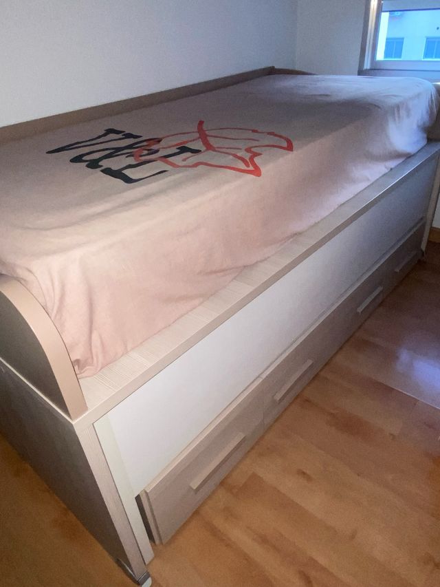 Cama compacta con cajones y colchones y estantería