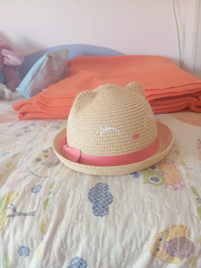 Sombrero gatito niña verano beige y rosa