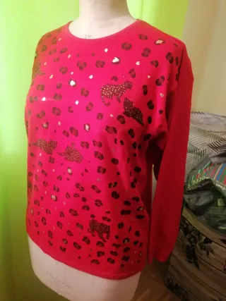 Jersey Lana Rojo Estampado Leopardo T.U.