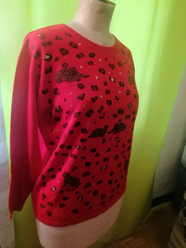 Jersey Lana Rojo Estampado Leopardo T.U.