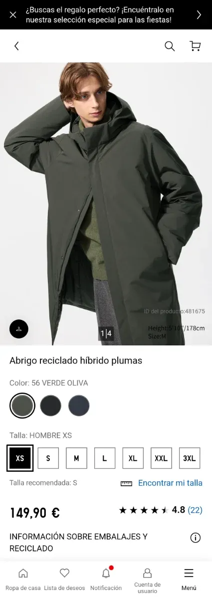 Abrigo Uniqlo plumón verde XS-S.